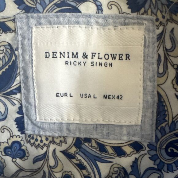 Denim & Flower Ricky Singh Short Sleeve Button Down Shirt Men's Large Blue - Picture 12 of 12